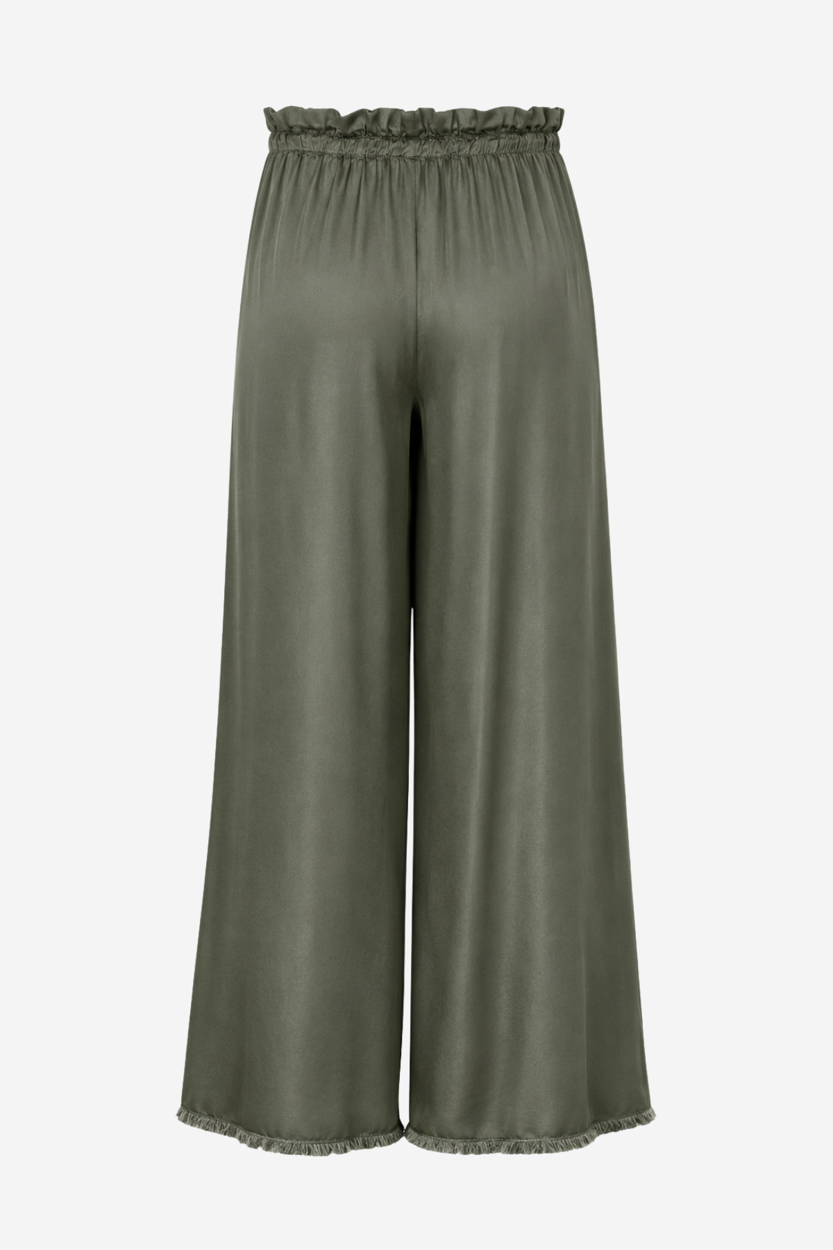 Women's olive green wide-leg palazzo pants featuring a drawstring waist, side pockets, and a relaxed silhouette.