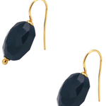 Faceted dark navy blue teardrop-shaped beads on gold French hook ear wires, shown on a plain white background.