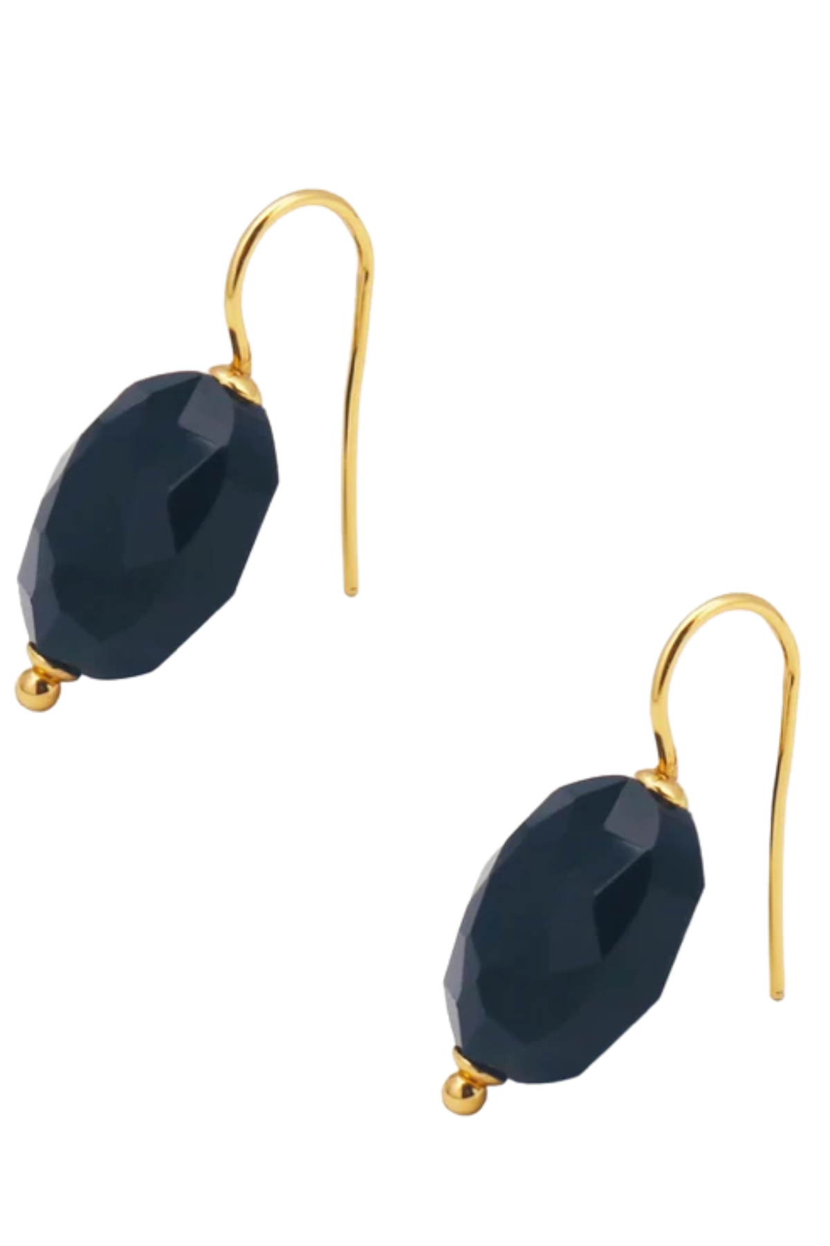 Faceted dark navy blue teardrop-shaped beads on gold French hook ear wires, shown on a plain white background.