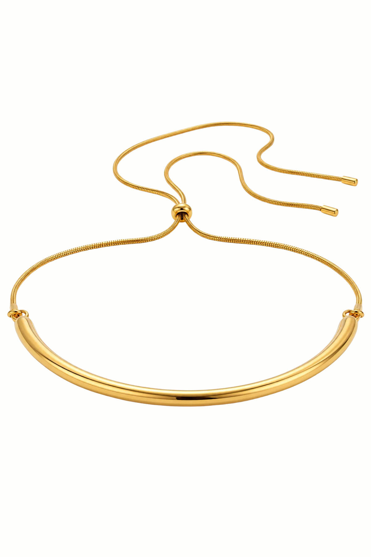A gold-toned metal necklace with a thick, polished curved bar and a thin adjustable snake chain closure, shown on a plain white background.
