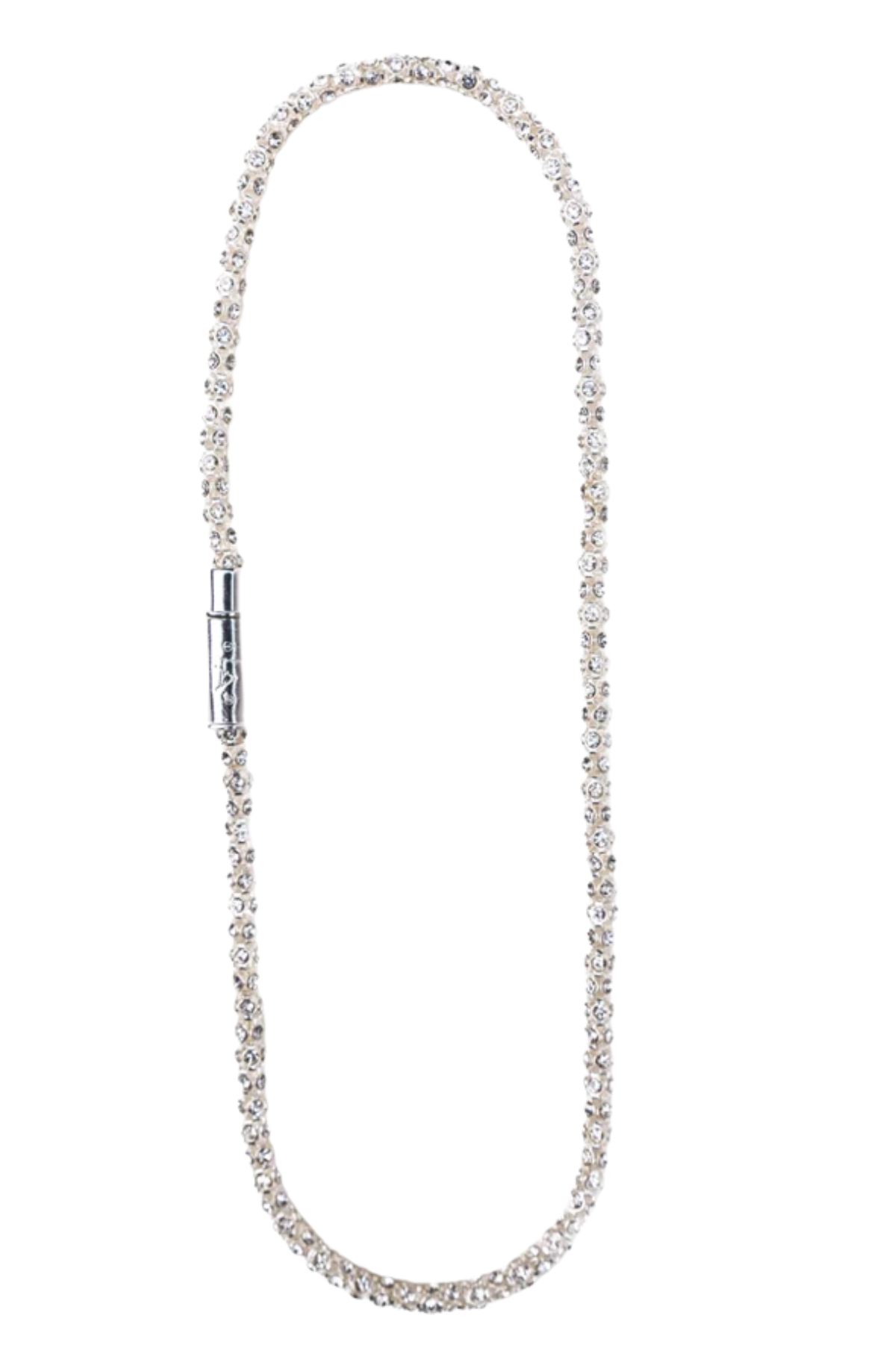A tennis-style necklace composed of clear rhinestones set in a silver-tone metal, featuring a silver magnetic clasp, shown against a plain white background.