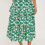 Woman wearing a green floral dress on a white background