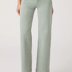 Light green jeans worn by a person on a white background