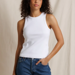 woman in white tank on white background 
