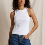 woman in white tank on white background 