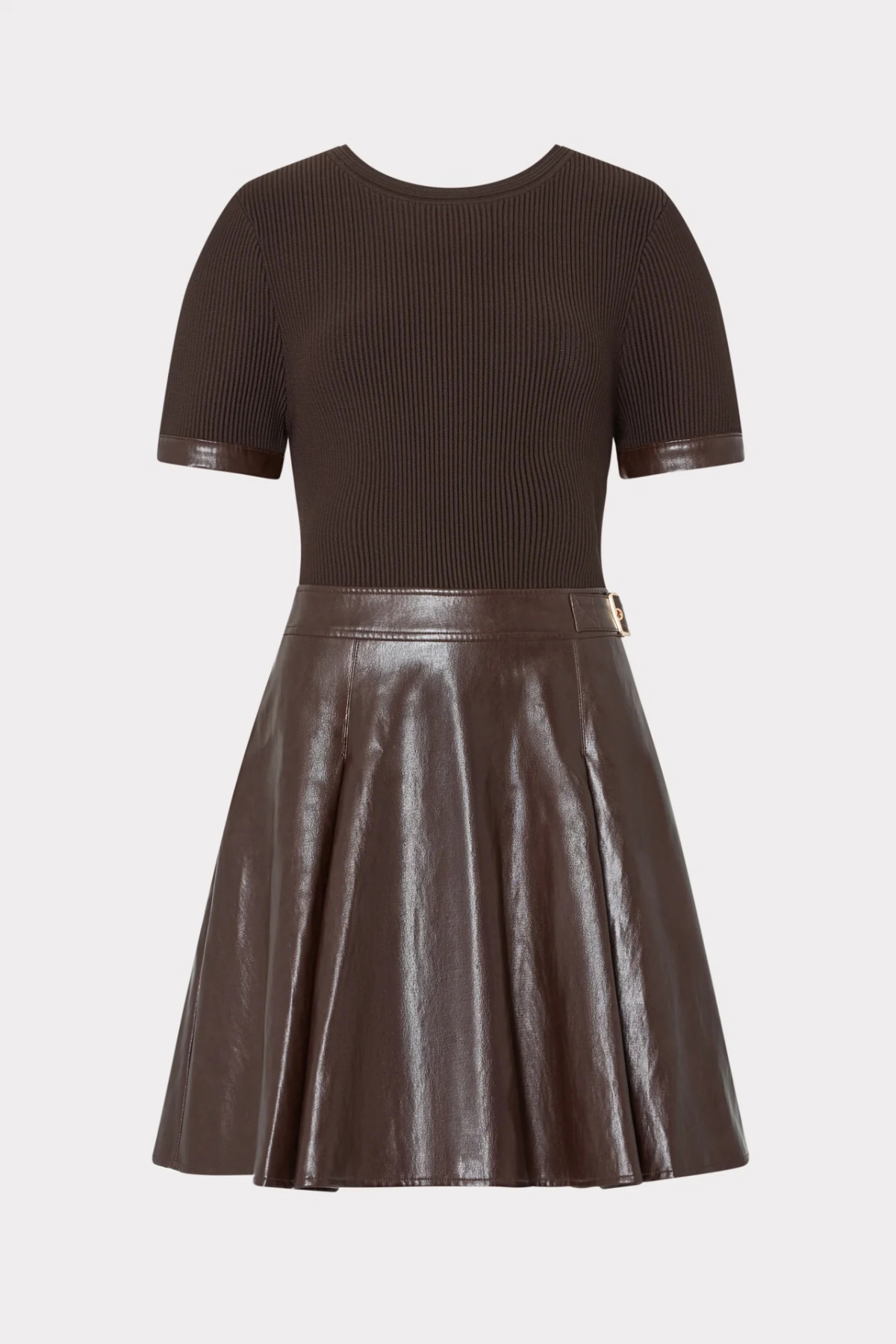 A dark brown two-piece outfit featuring a short-sleeve ribbed knit top and a matching faux-leather pleated skirt with a small gold-tone belt buckle, shown on a light gray background.