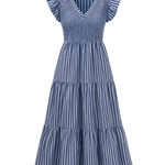 Blue and white striped dress with ruffled sleeves on a white background