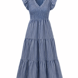 Blue and white striped dress with ruffled sleeves on a white background