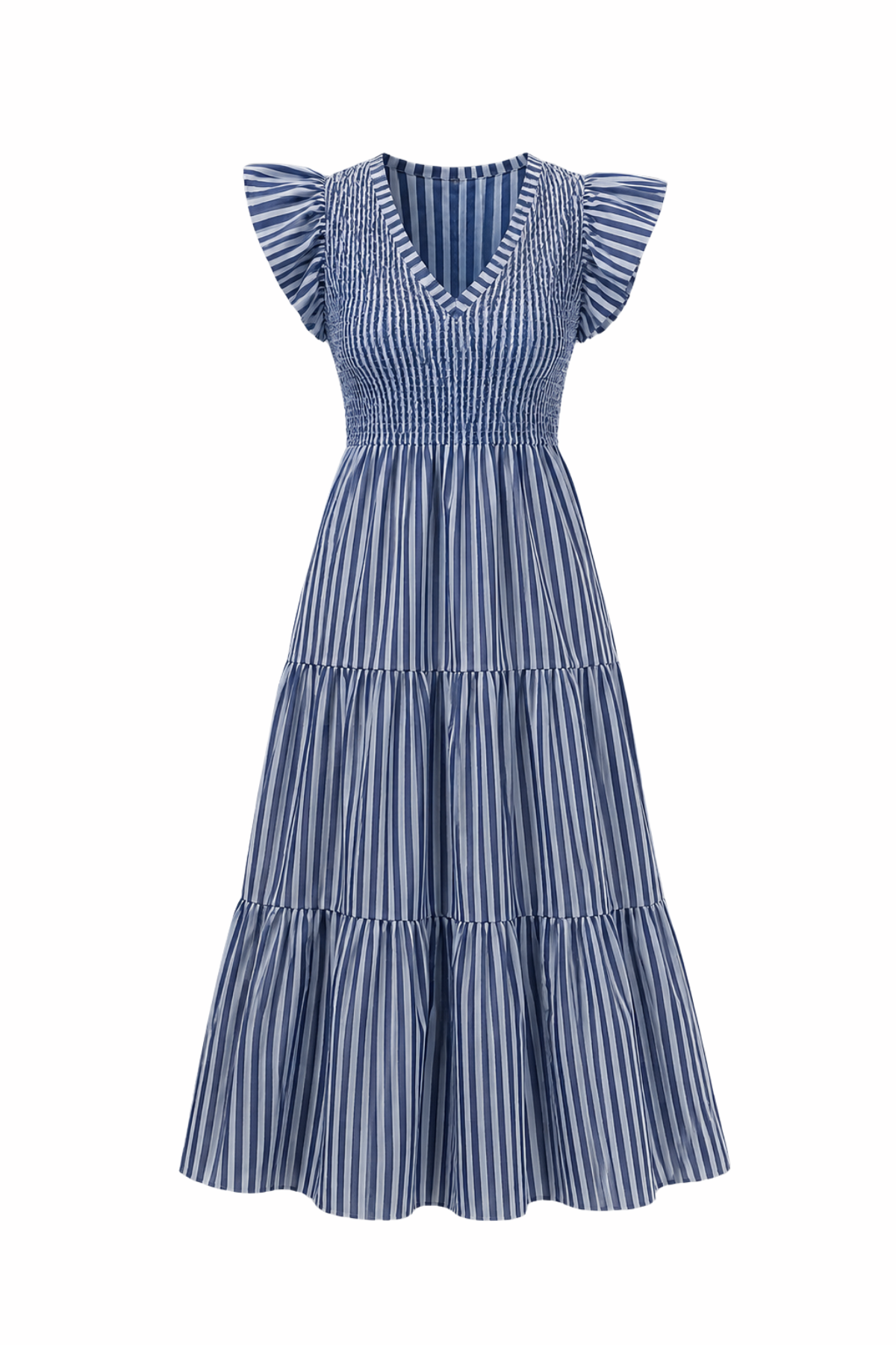 Blue and white striped dress with ruffled sleeves on a white background