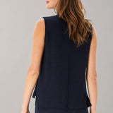 Navy Sleeveless Top with Black Leather Trim