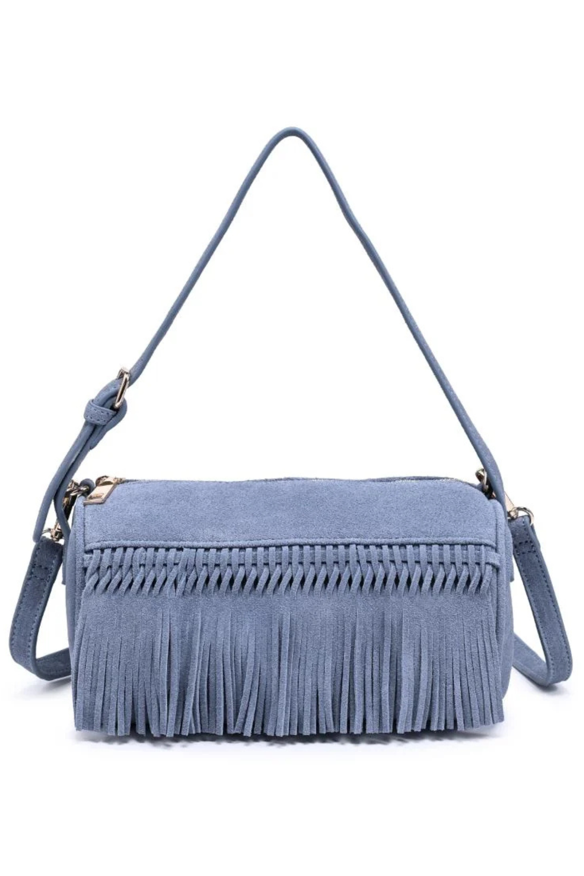 A dusty blue suede crossbody bag with a long fringe trim across the front, a top zipper closure, and a matching adjustable shoulder strap, shown on a plain white background.