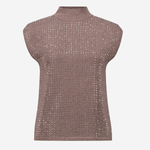 A sleeveless mock neck knit top with a textured, open-knit pattern, shown in a muted taupe-brown color on a light gray background.