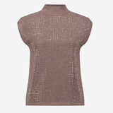 A sleeveless mock neck knit top with a textured, open-knit pattern, shown in a muted taupe-brown color on a light gray background.