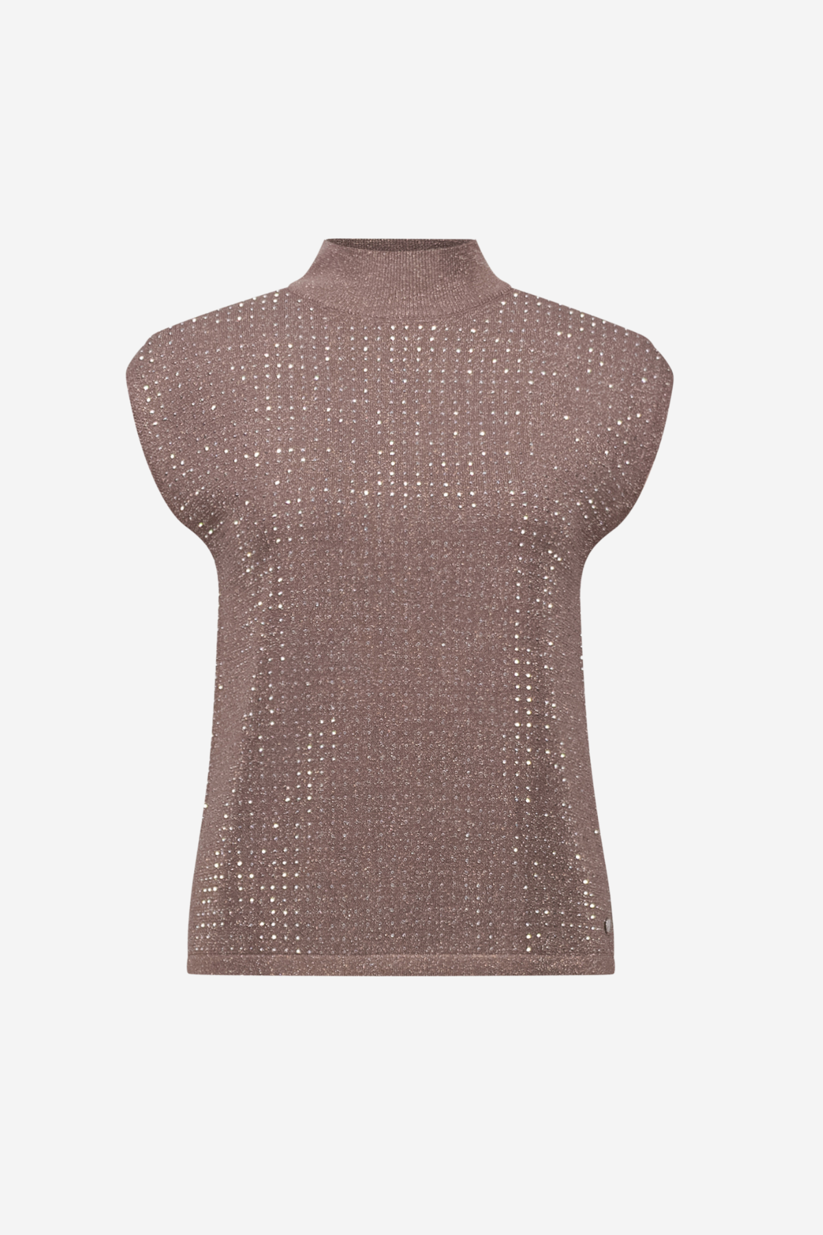 A sleeveless mock neck knit top with a textured, open-knit pattern, shown in a muted taupe-brown color on a light gray background.