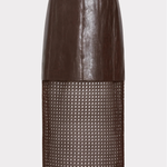 A dark brown faux-leather and mesh skirt with a matching belt, shown on a model wearing brown knee-high boots against a light gray background.