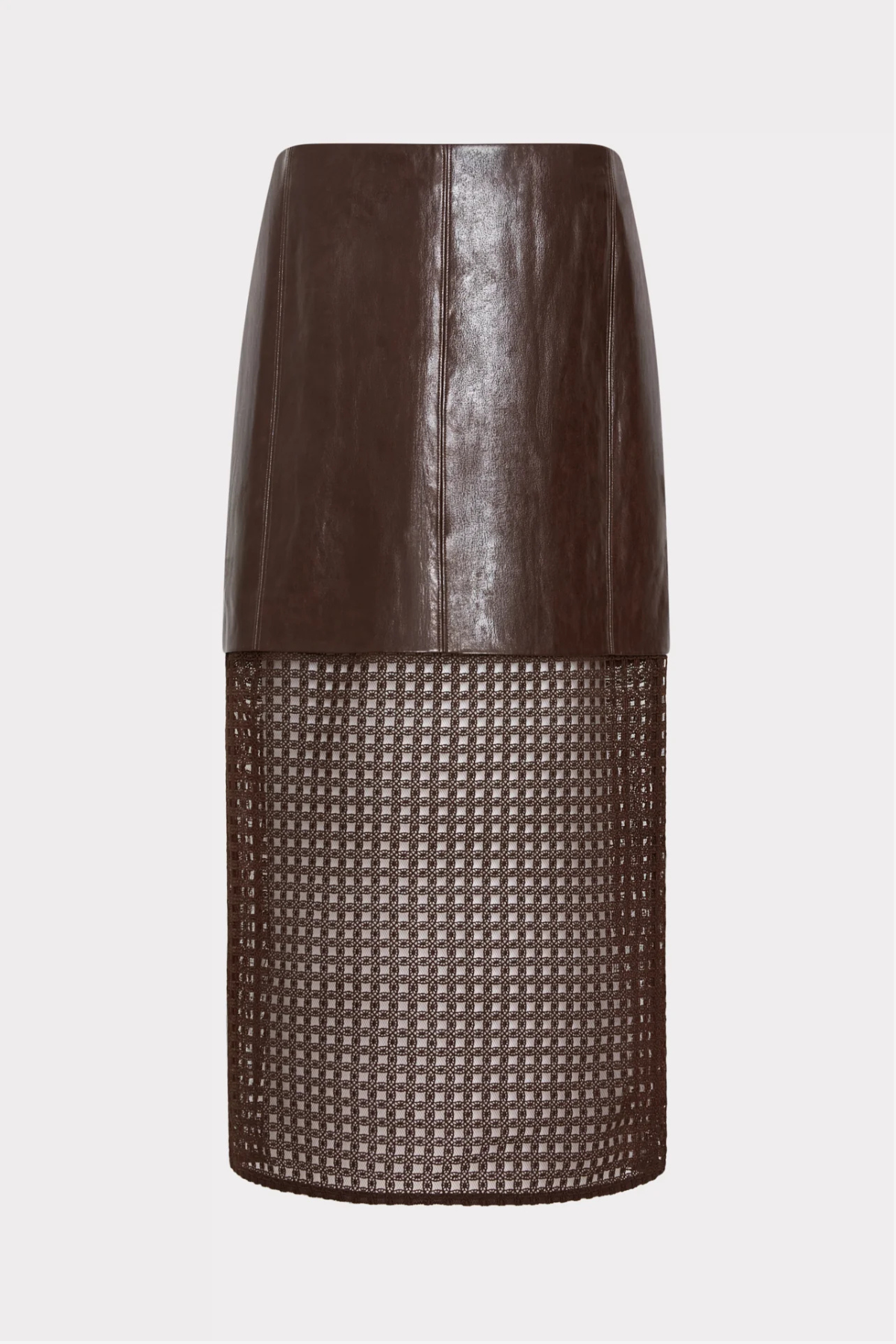 A dark brown faux-leather and mesh skirt with a matching belt, shown on a model wearing brown knee-high boots against a light gray background.