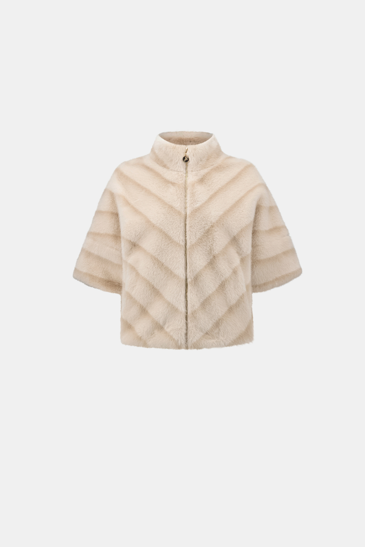 A beige faux-fur cropped jacket with a stand-up collar, short sleeves, and a chevron quilted pattern, shown against a plain light gray background.