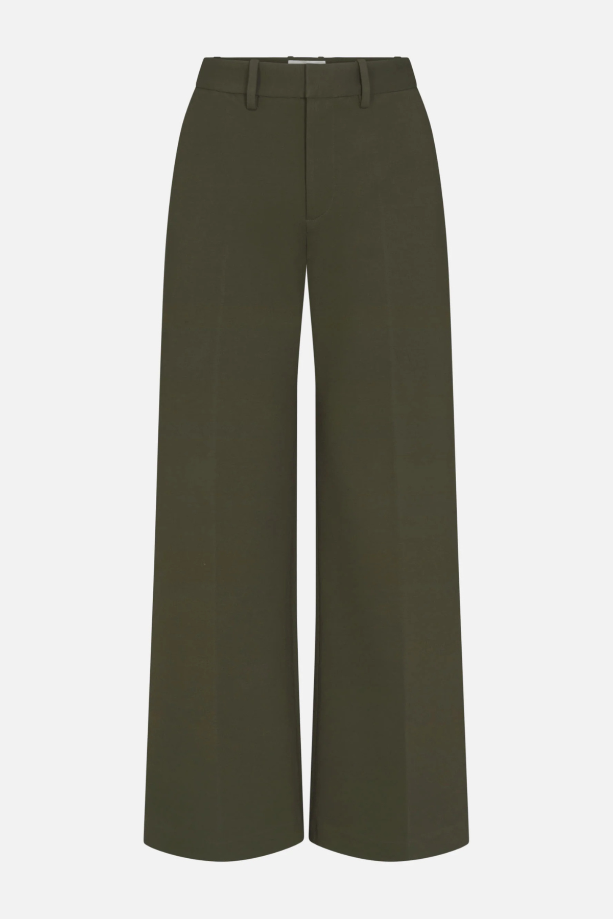 A pair of olive green wide-leg cropped trousers shown flat against a light gray background.