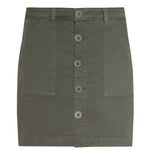 Green button front skirt on white background.