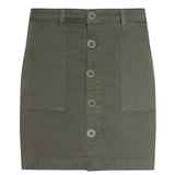 Green button front skirt on white background.