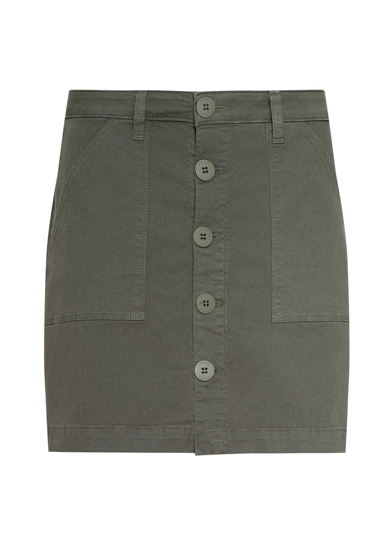 Green button front skirt on white background.