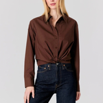 Women's navy long-sleeve top featuring a relaxed silhouette and classic neckline.