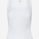 A white sleeveless tank top with a scoop neck, shown on a clean white background.