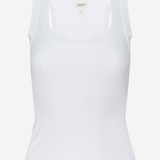 A white sleeveless tank top with a scoop neck, shown on a clean white background.