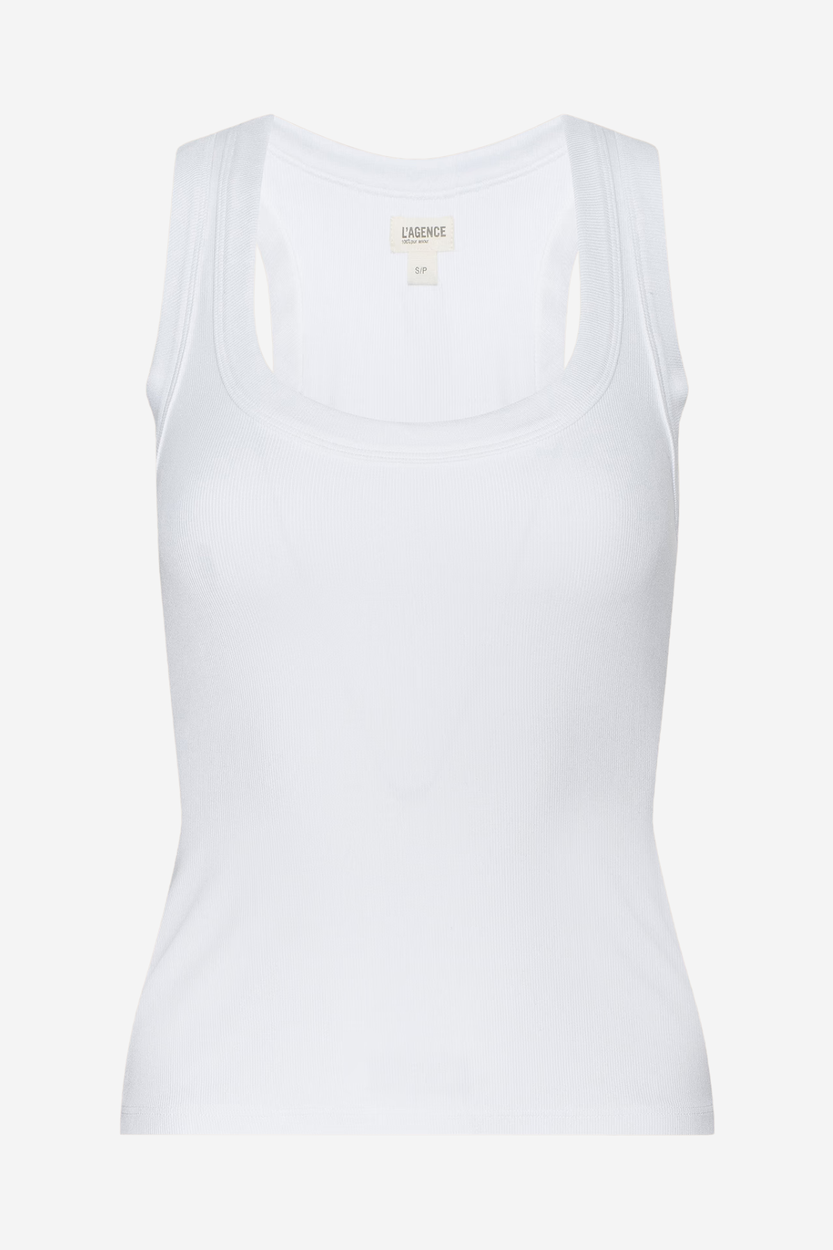A white sleeveless tank top with a scoop neck, shown on a clean white background.