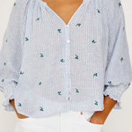 Person wearing a blue and white striped blouse with floral patterns on a plain background