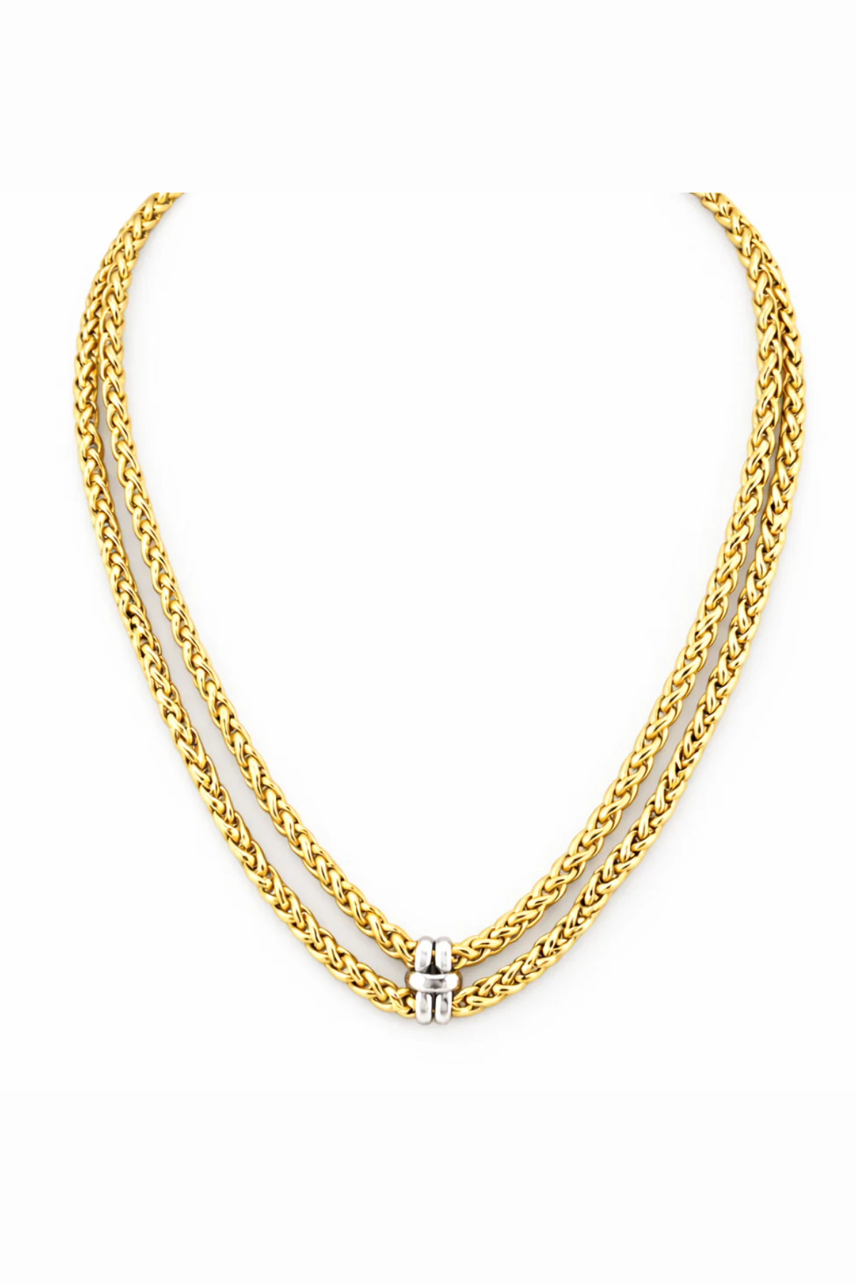 Gold chain necklace with a silver clasp on a white background