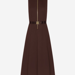A sleeveless dark brown midi dress with a pointed collar, a front zipper detail, a matching dark brown belt, and a gold-tone buckle, shown against a plain light gray background.