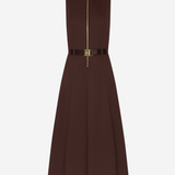 A sleeveless dark brown midi dress with a pointed collar, a front zipper detail, a matching dark brown belt, and a gold-tone buckle, shown against a plain light gray background.