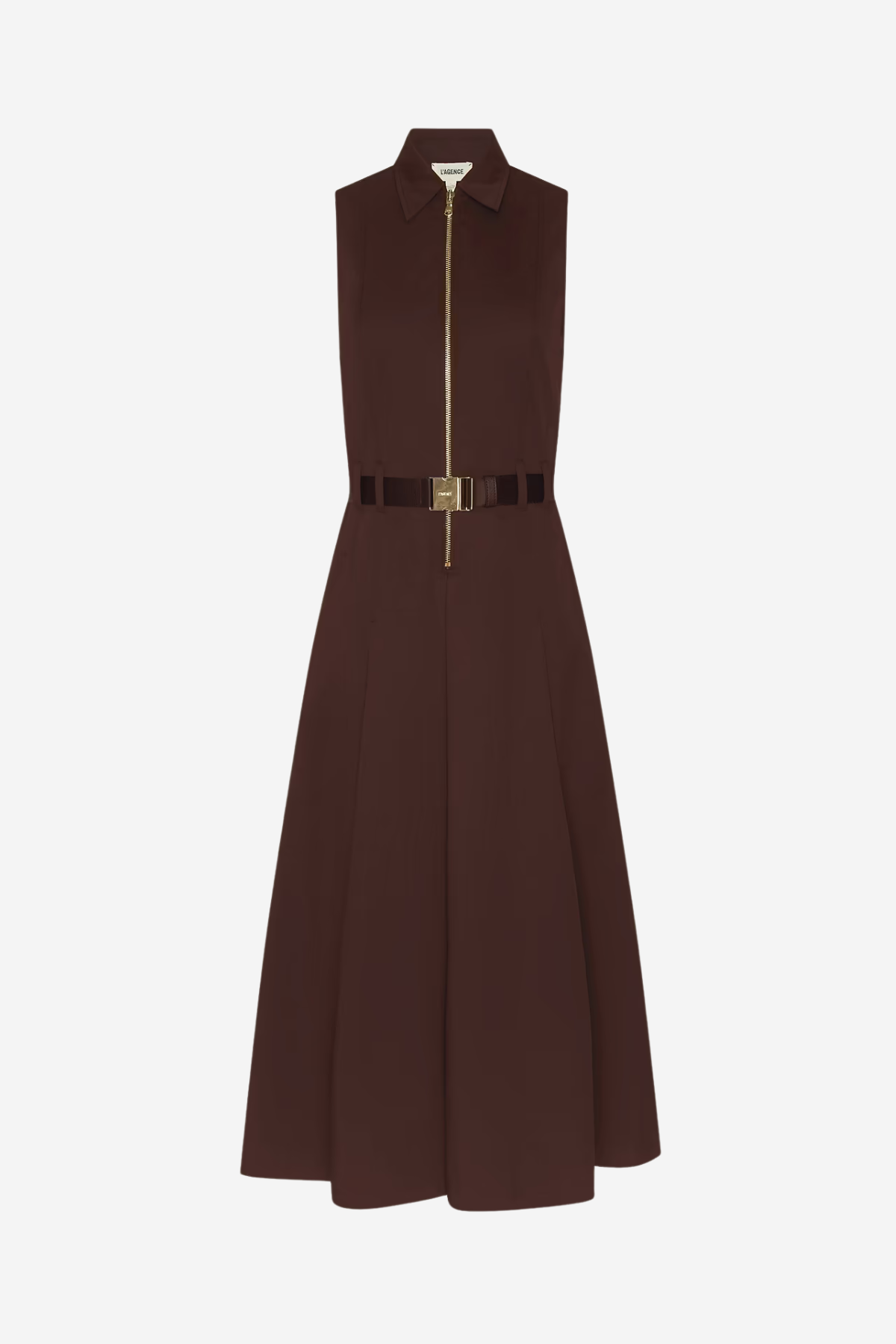 A sleeveless dark brown midi dress with a pointed collar, a front zipper detail, a matching dark brown belt, and a gold-tone buckle, shown against a plain light gray background.