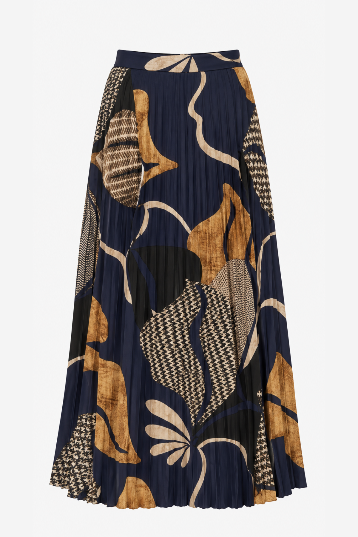 A pleated midi skirt featuring an abstract botanical pattern in navy blue, tan, beige, and black, shown against a plain light gray background.