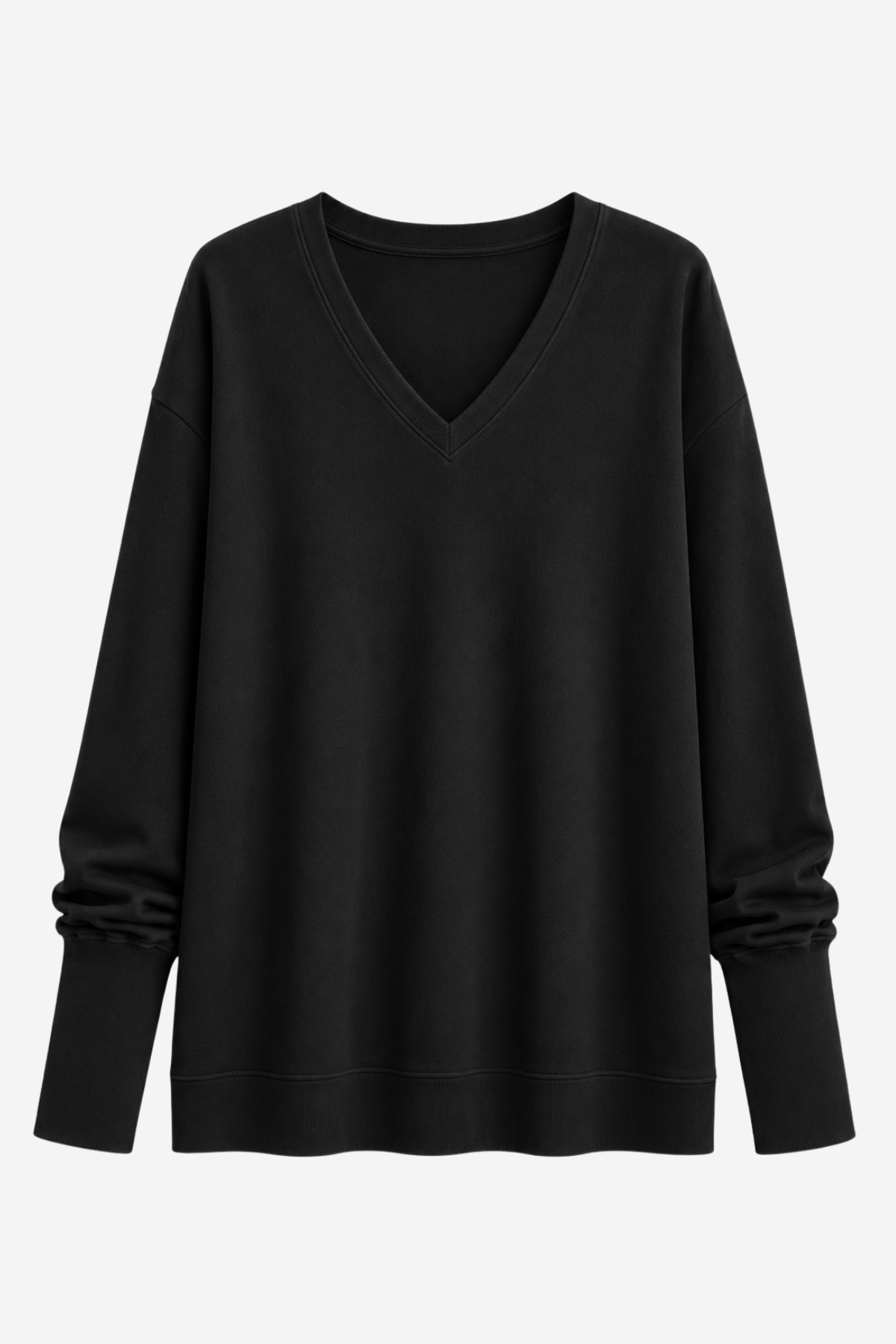 A black long-sleeve V-neck sweater with a relaxed, oversized fit, shown against a plain light gray background.