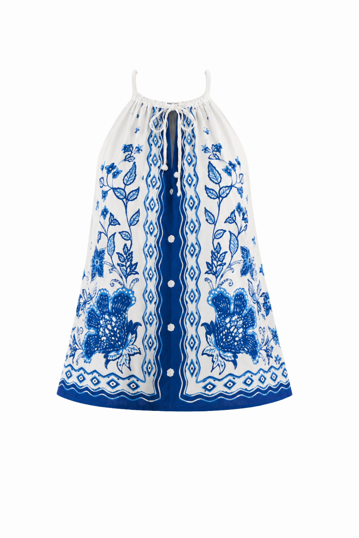 Blue and white floral dress with buttons on a white background