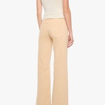 A model shown from the back wearing beige wide-leg pants, a cream short-sleeve top, and black high heels against a plain white background.