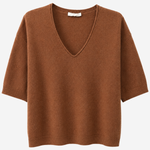 A brown short-sleeve knit sweater with a V-neck, displayed flat against a light gray background.