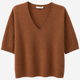 A brown short-sleeve knit sweater with a V-neck, displayed flat against a light gray background.
