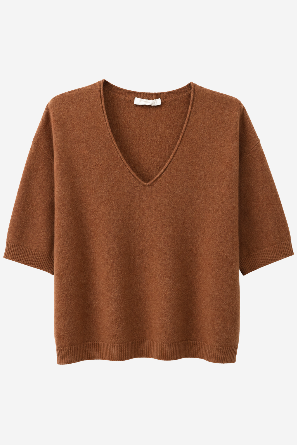 A brown short-sleeve knit sweater with a V-neck, displayed flat against a light gray background.