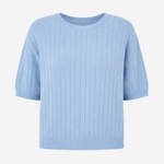 A light blue ribbed knit short-sleeve top with a crew neck, displayed against a plain light gray background.