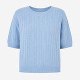 A light blue ribbed knit short-sleeve top with a crew neck, displayed against a plain light gray background.