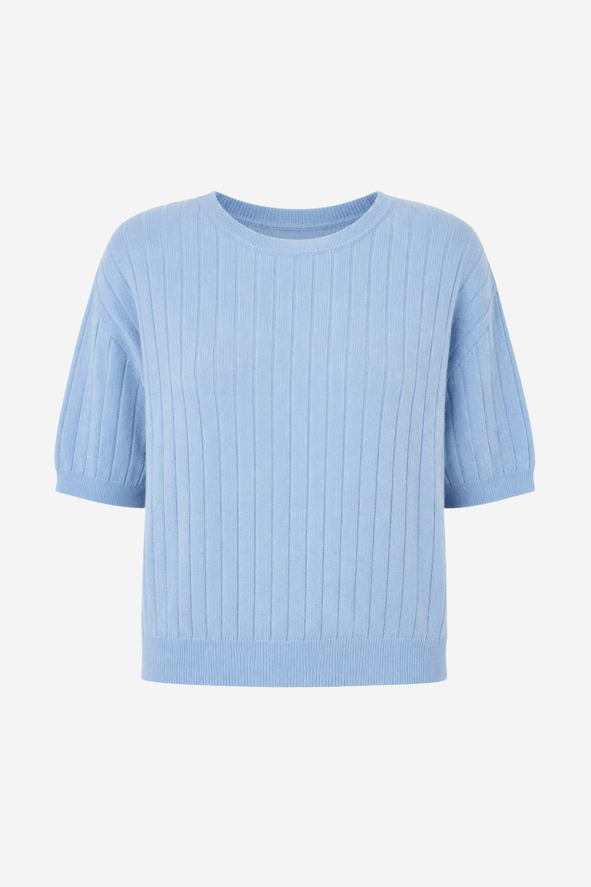 A light blue ribbed knit short-sleeve top with a crew neck, displayed against a plain light gray background.