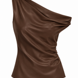 Women's taupe satin top featuring an asymmetrical one-shoulder neckline and lustrous finish.