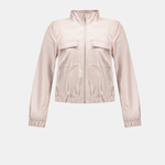 A light pink lightweight zip-up jacket with a stand collar, elastic cuffs, and two front flap pockets, shown on a plain light gray background.