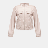 A light pink lightweight zip-up jacket with a stand collar, elastic cuffs, and two front flap pockets, shown on a plain light gray background.
