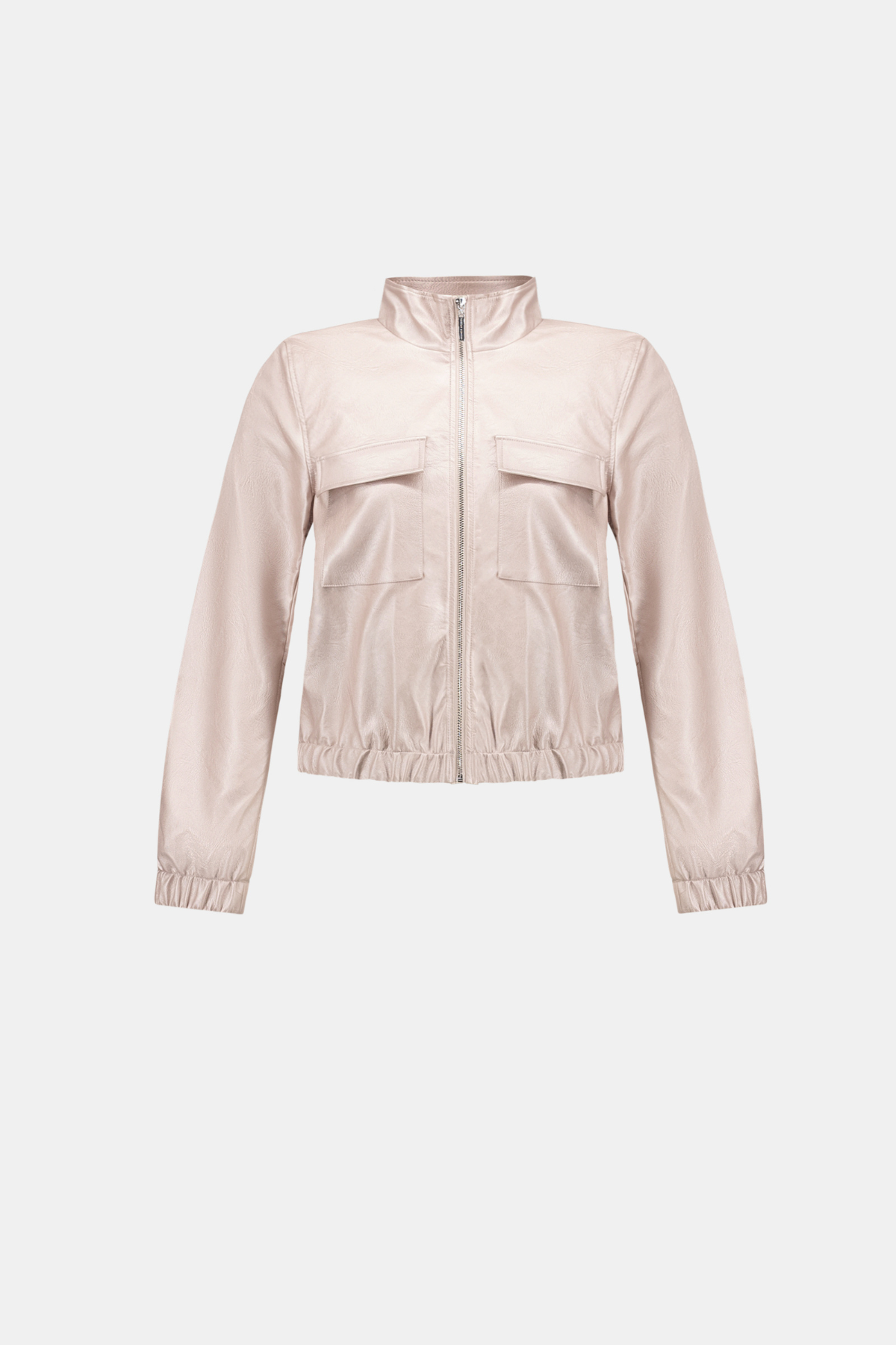 A light pink lightweight zip-up jacket with a stand collar, elastic cuffs, and two front flap pockets, shown on a plain light gray background.