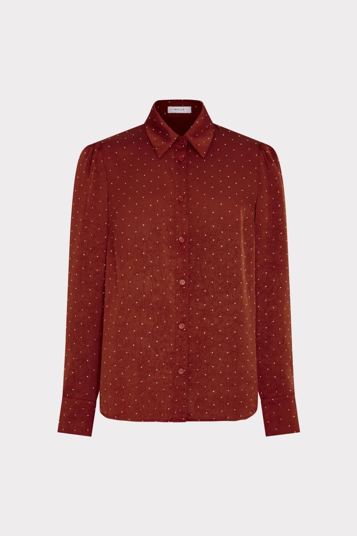A rust-red long-sleeve button-up shirt with a fine white micro-dot pattern, displayed on a light gray background.