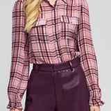 Women's plaid blouse featuring long sleeves, a relaxed silhouette, and multicolor pattern.